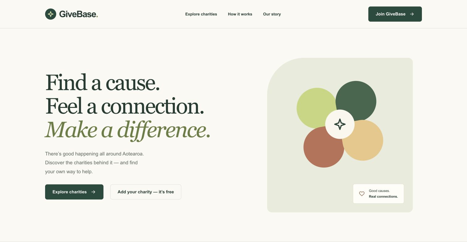 Givebase homepage introducing charity discovery and participation