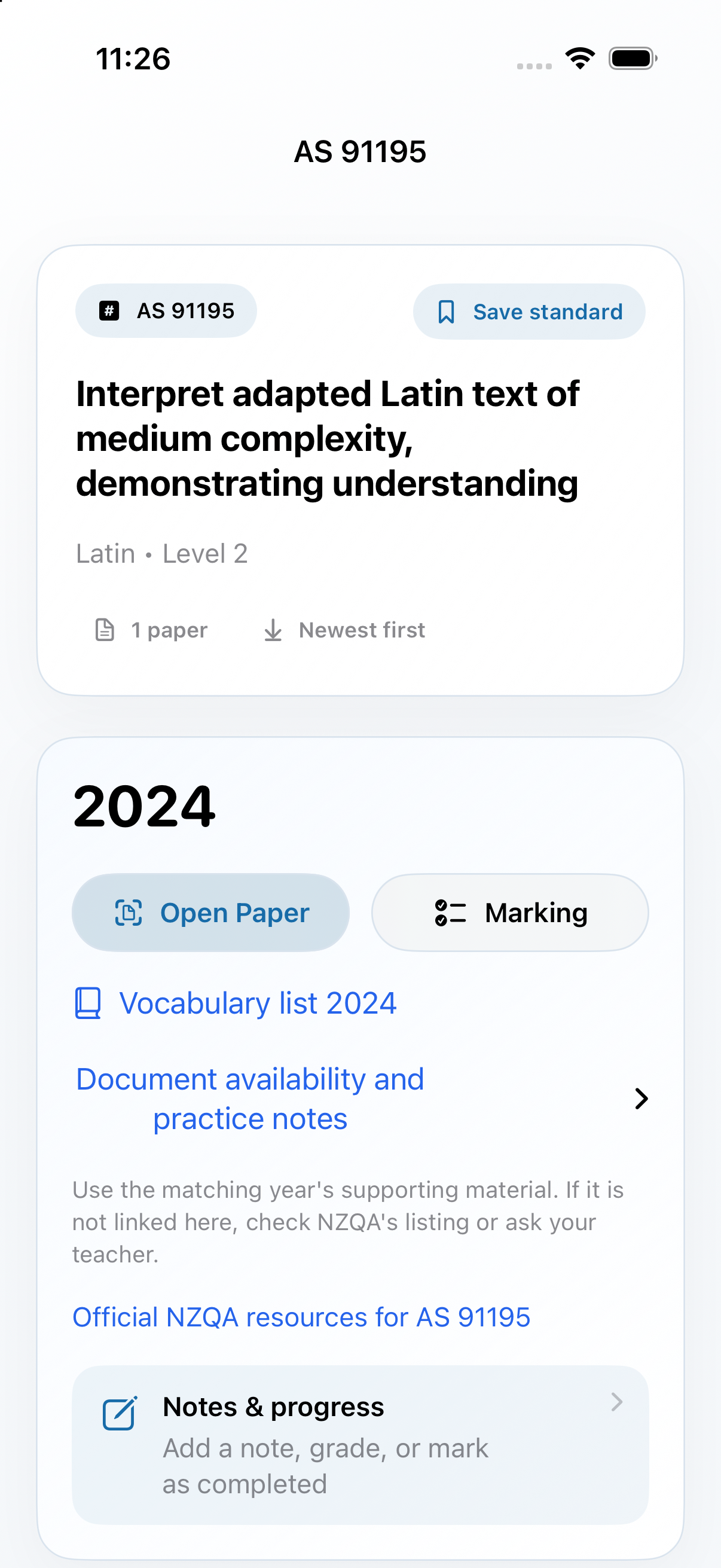 NCEA Papers iOS app showing a standard, exam paper and marking schedule